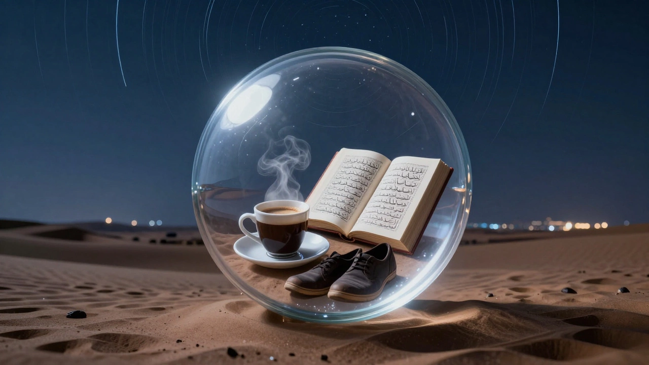 Glass sphere above desert containing coffee, book, and shoes, symbolizing cultural experiences in Dubai.