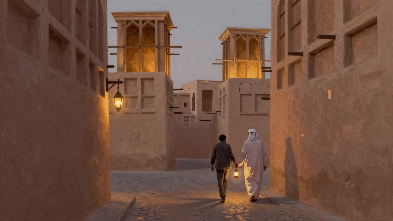 Quiet historic alley in Al Fahidi with lantern light and a guide walking beside a visitor.