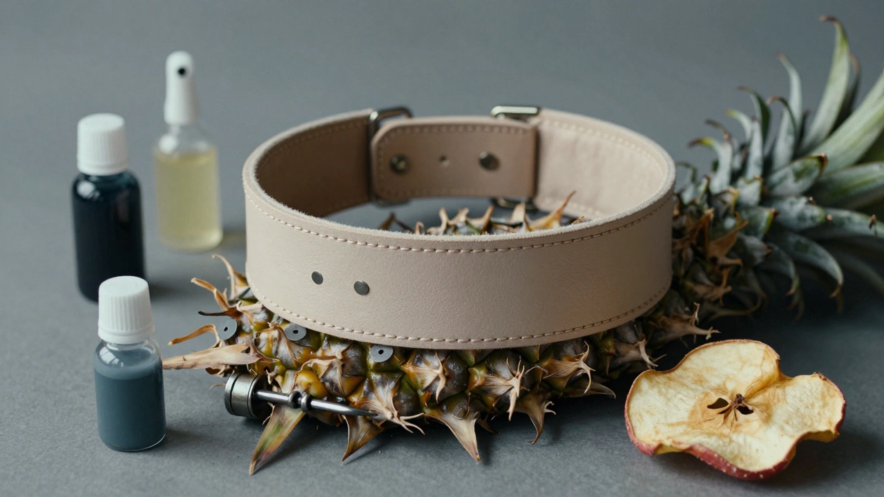 Vegan leather collar resting on pineapple fibers with plant-based dye vials
